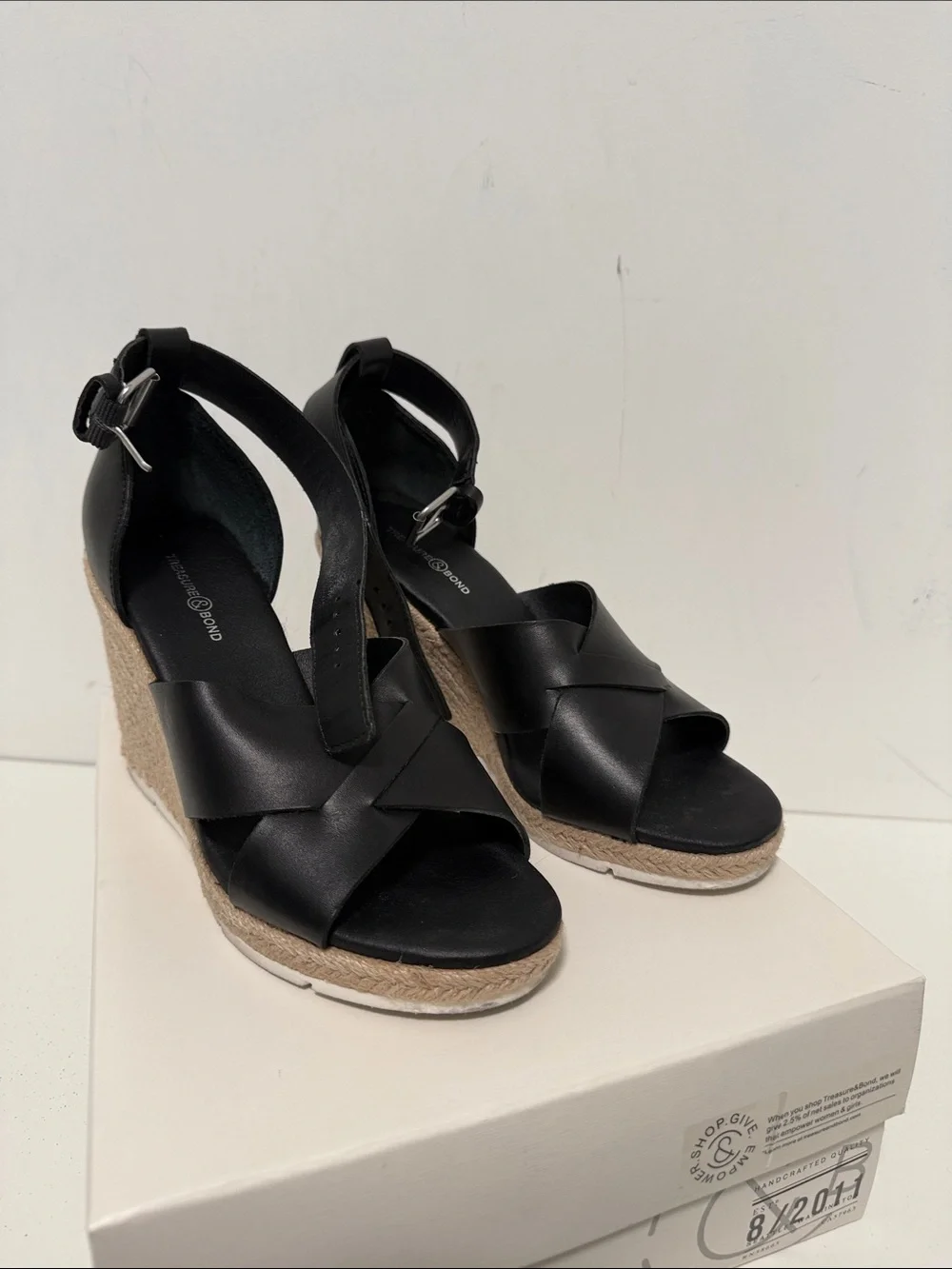 Treasure & Bond Black Leather Wedge Espadrille Sandals